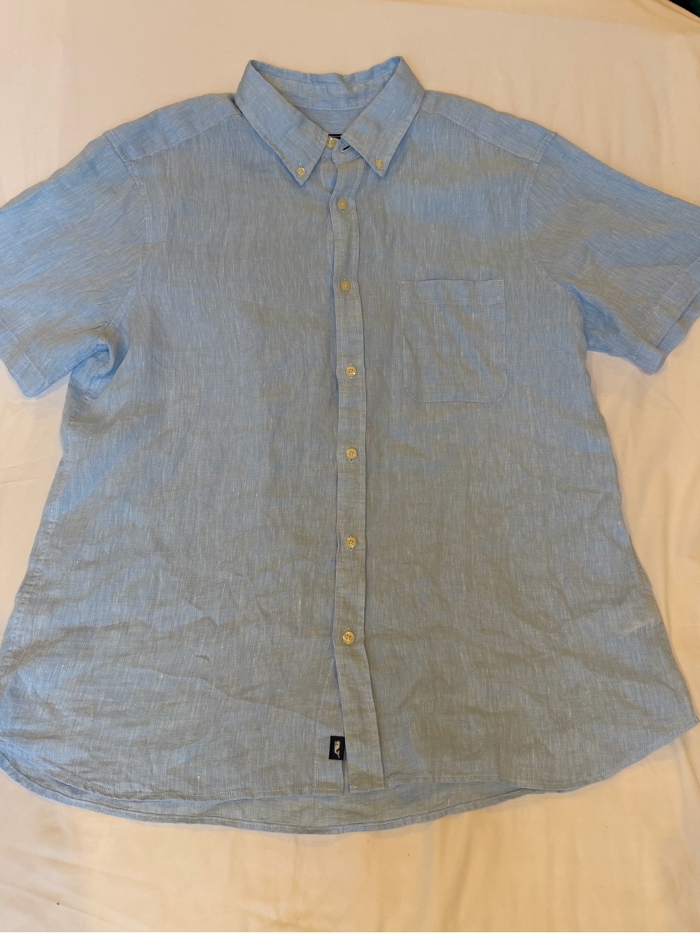 Vineyard Vines Mens Large 100% Linen Blue Short Sleeve Button Up Shirt Whale